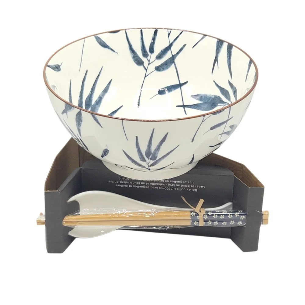 SH Home Blue Bamboo Ceramic Ramen Noodle Bowl 54oz With Chopsticks And Spoon 4pc